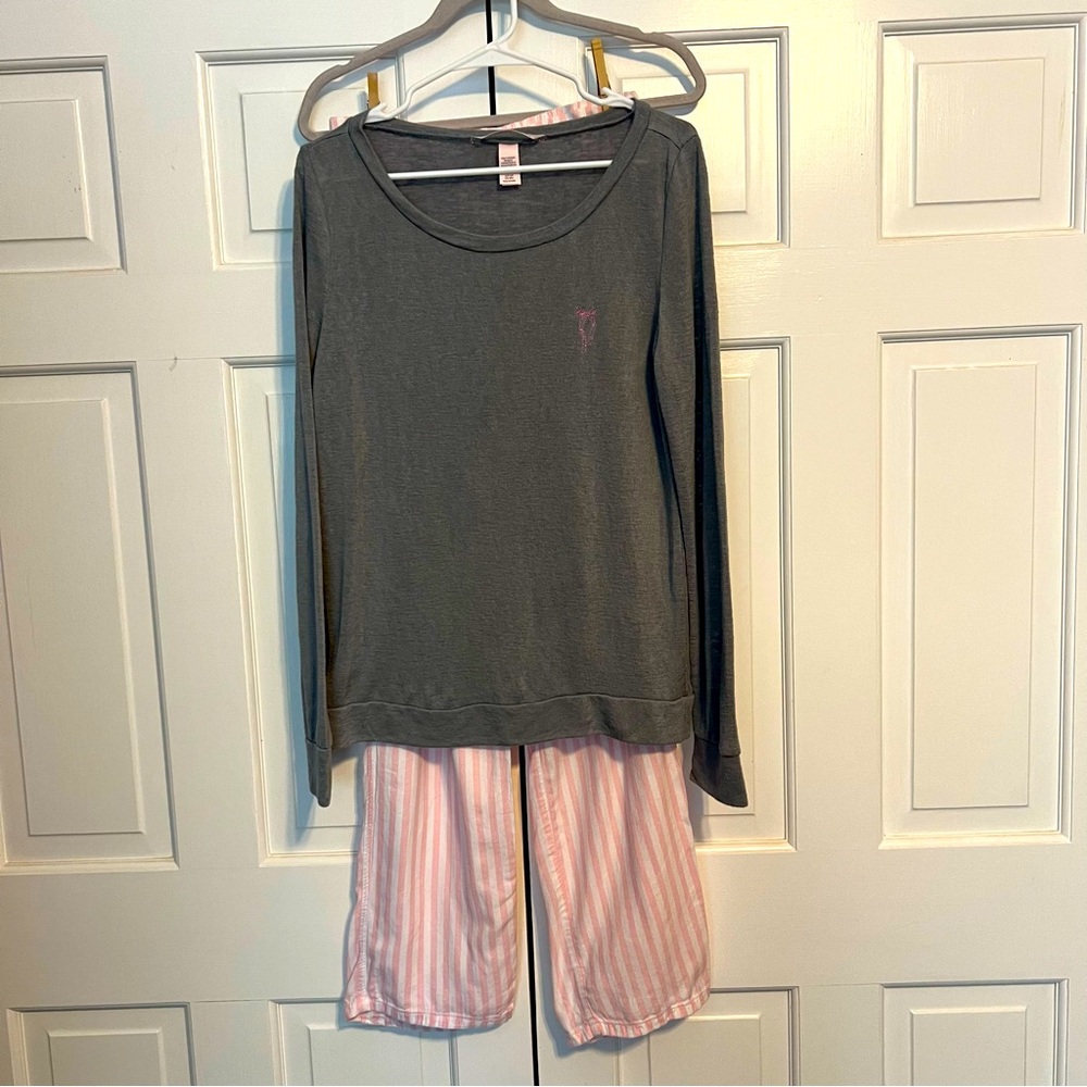 Victoria Secret pink & white striped pajama bottoms with grey long sleeve top